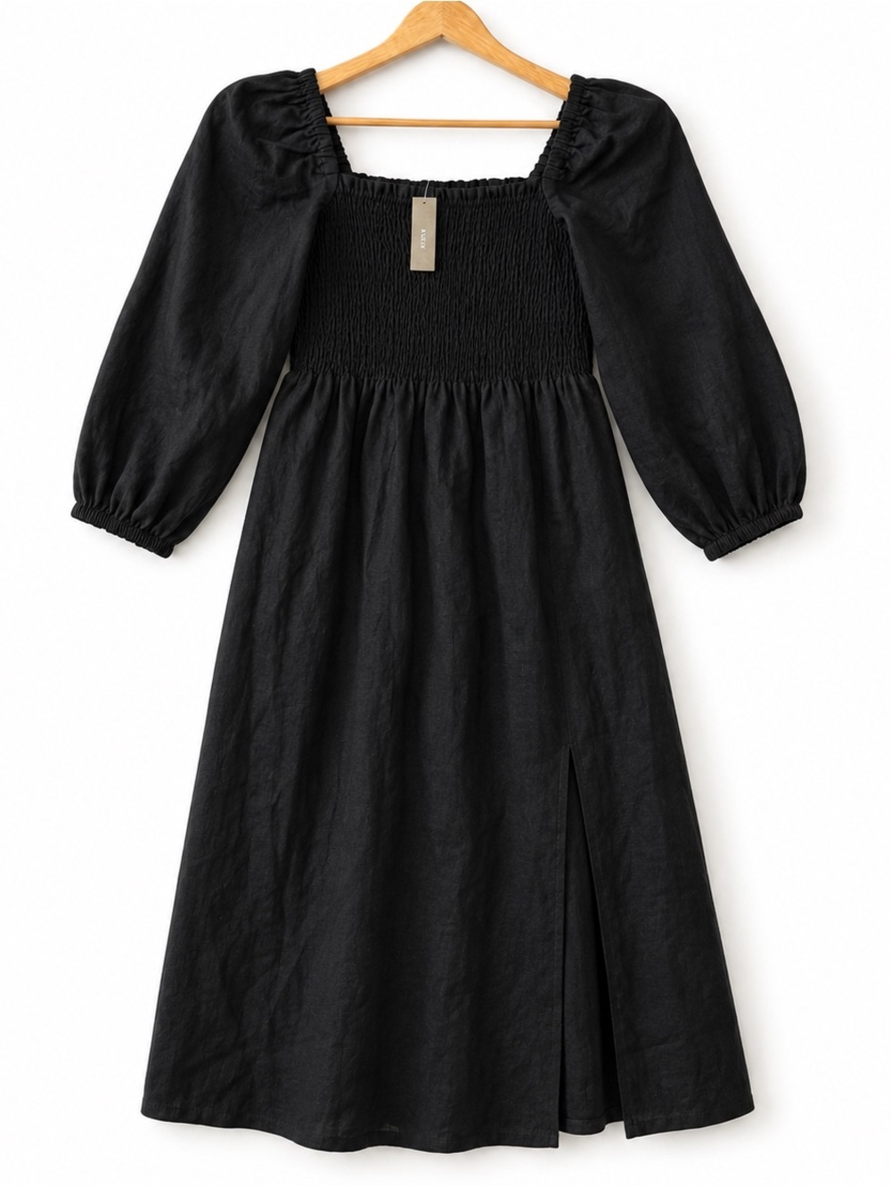 J. Crew Women’s Linen Black Smocked Square-Neck Midi Dress, Size Medium - Picture 2 of 7